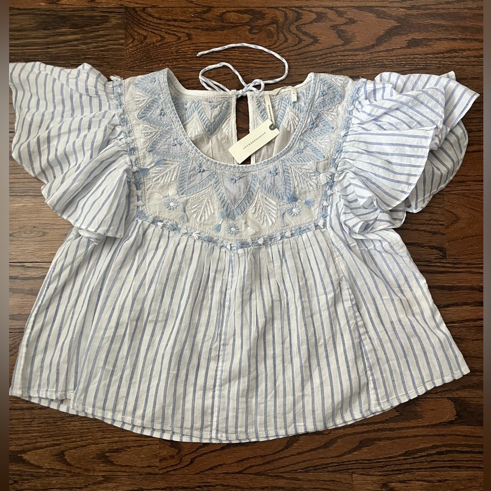 NWT Anthropologie Light Blue And White Striped Embroidered Flutter Sleeve Top - Picture 3 of 9